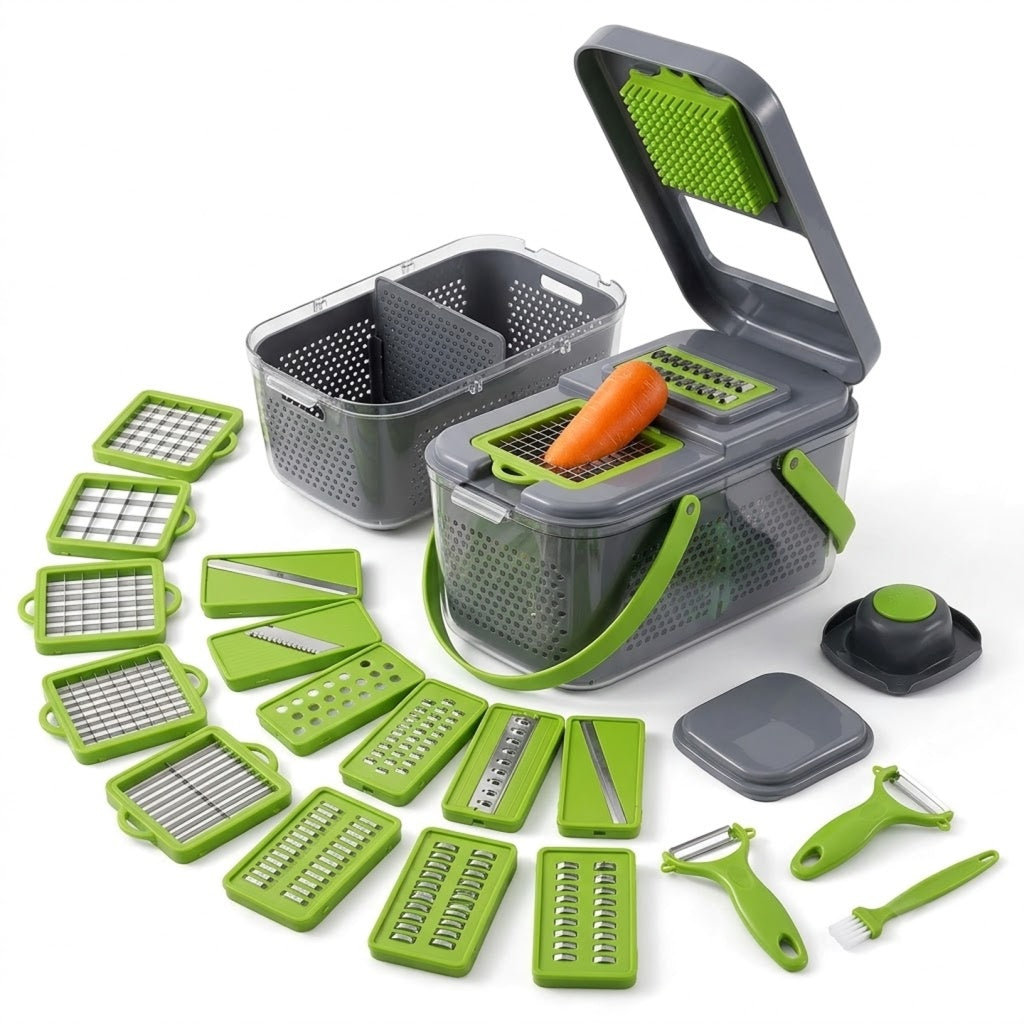 22-in-1 Veggie Chopper with Drain Basket | Multi-Blade Food Slicer & Dicer