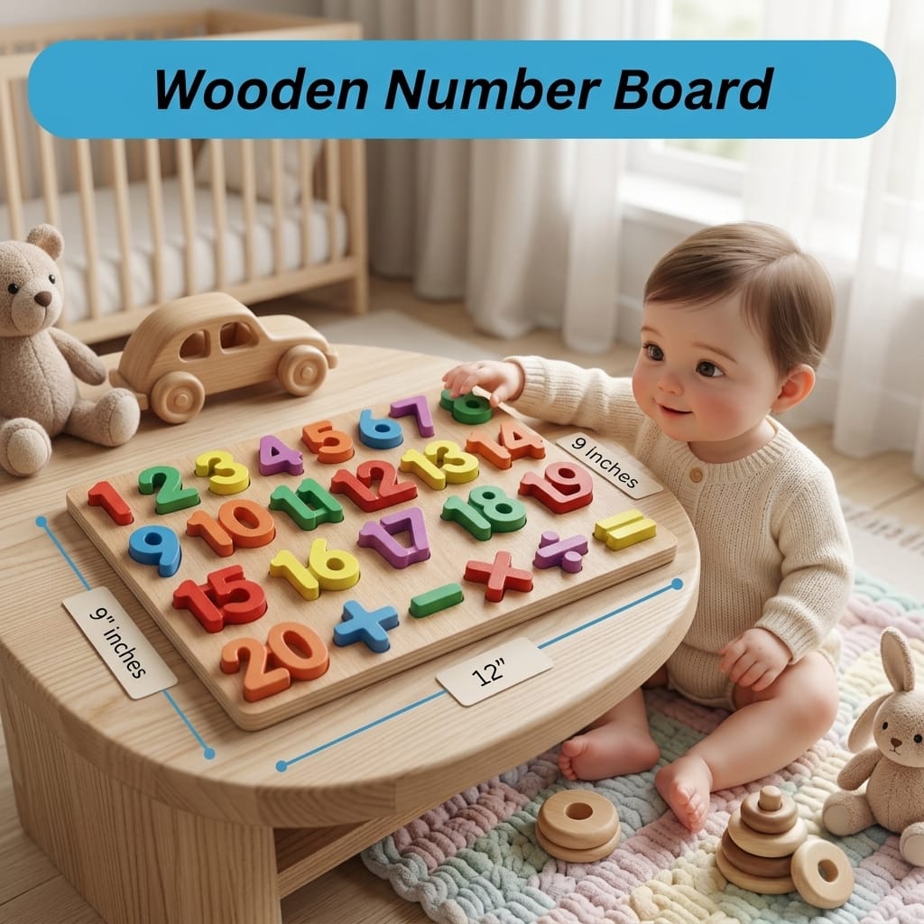 Premium Wooden Number Puzzle Board for Toddlers | Educational Math Counting Toy (1-20 & Math Symbols) - 12x9 Inches