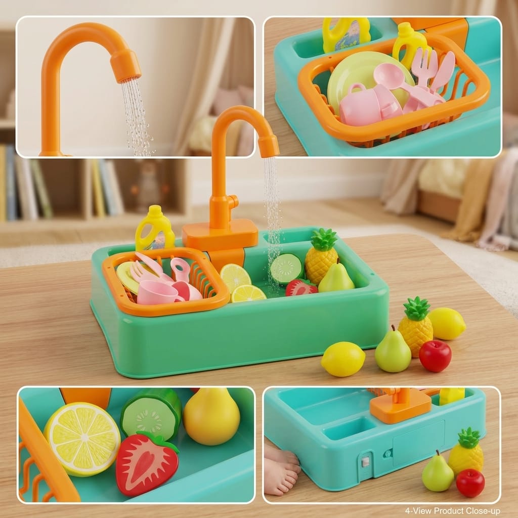 Baby Kitchen Sink Play Set with Running Water | Educational Pretend Play Washing Toy for Kids