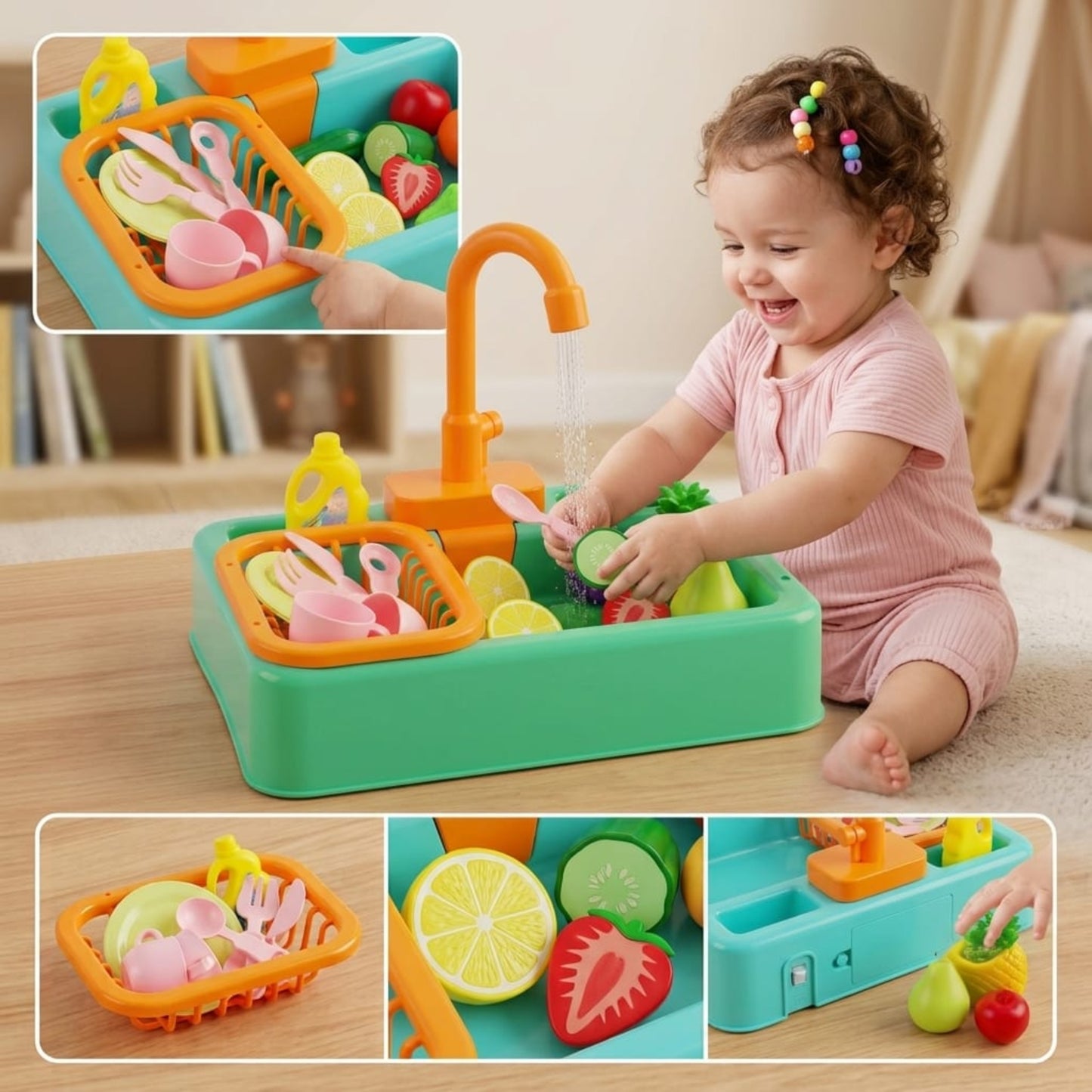Baby Kitchen Sink Play Set with Running Water | Educational Pretend Play Washing Toy for Kids