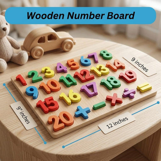 Premium Wooden Number Puzzle Board for Toddlers | Educational Math Counting Toy (1-20 & Math Symbols) - 12x9 Inches