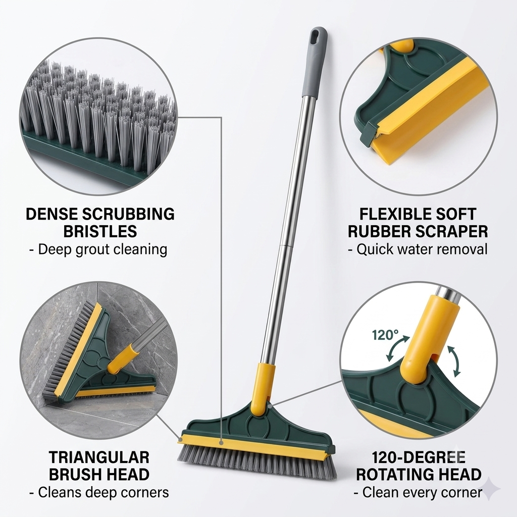 3-in-1 Floor Scrub Brush with Squeegee | 120° Rotating Triangular Wiper