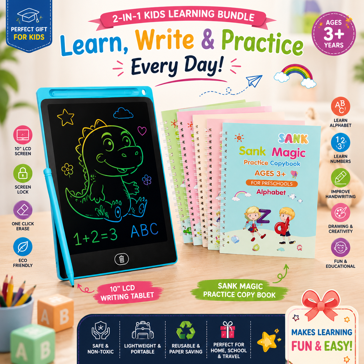 2-in-1 Kids Learning Kit | LCD Writing Tablet + Magic Practice Copy Book