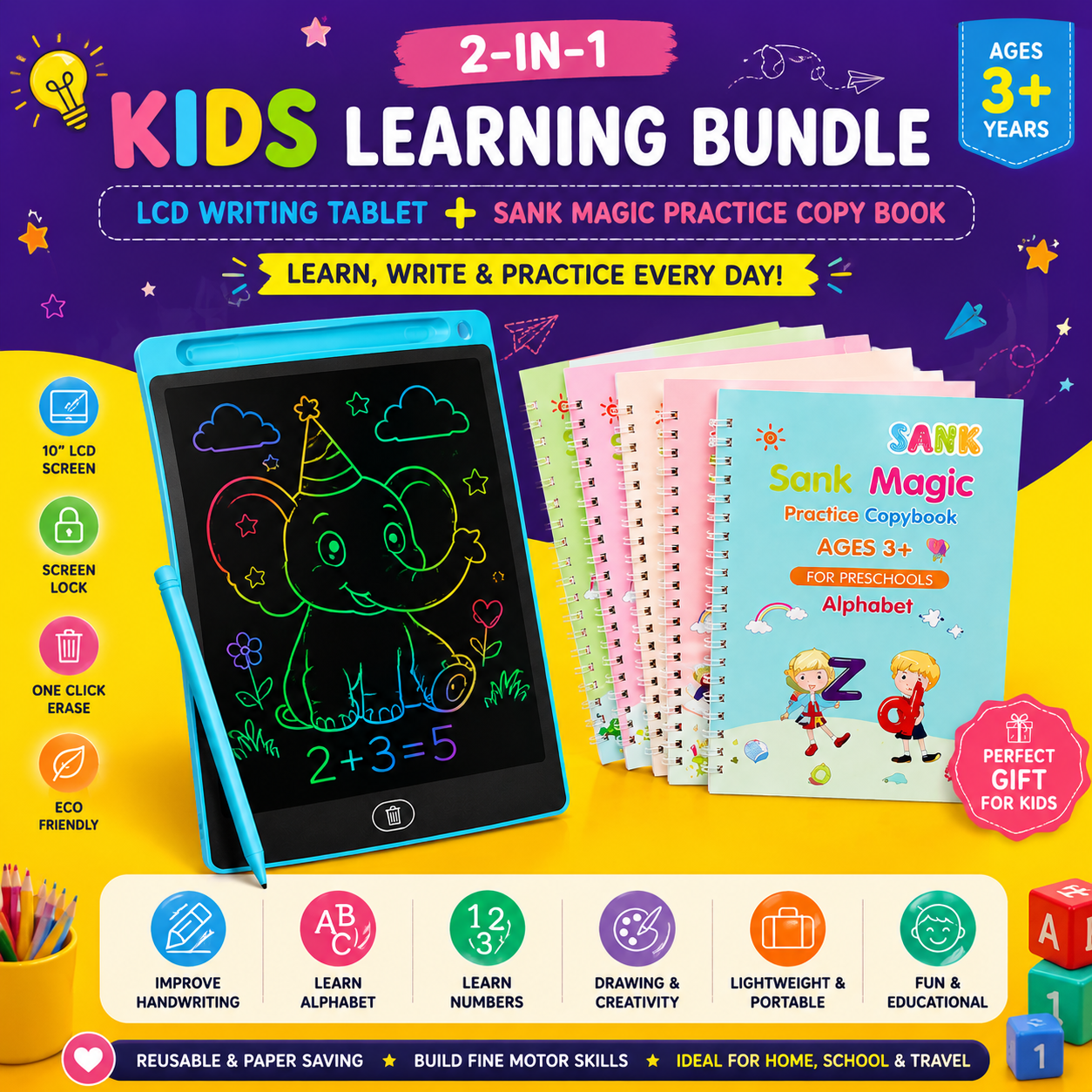 2-in-1 Kids Learning Kit | LCD Writing Tablet + Magic Practice Copy Book