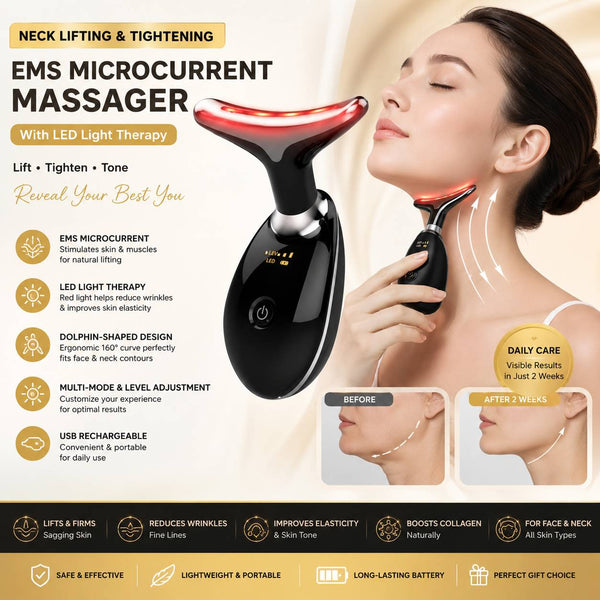EMS Neck Lifting & Tightening Massager – LED Light Therapy Microcurrent Face & Neck Massager USB Rechargeable
