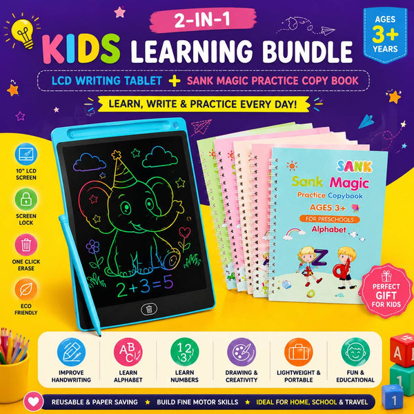 2-in-1 Kids Learning Kit | LCD Writing Tablet + Magic Practice Copy Book