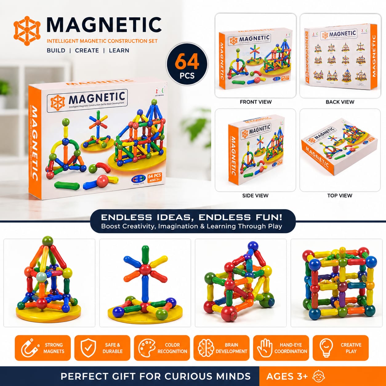 64 PCS Magnetic Construction Set for Kids | STEM Educational Building Blocks | Creative Magnetic Sticks & Balls Toy (Ages 3+)