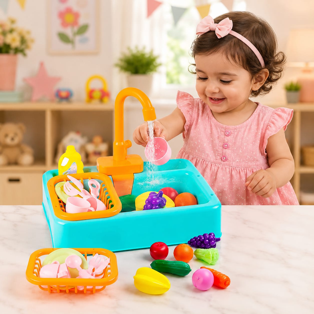 Baby Kitchen Sink Play Set with Running Water | Educational Pretend Play Washing Toy for Kids
