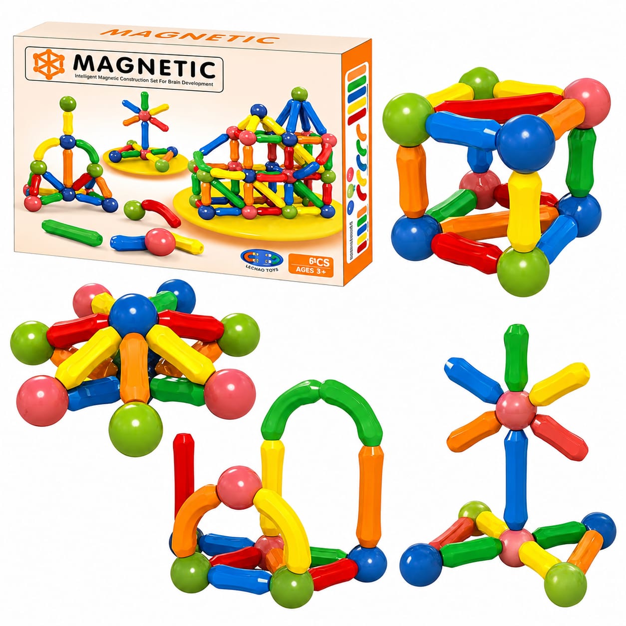 64 PCS Magnetic Construction Set for Kids | STEM Educational Building Blocks | Creative Magnetic Sticks & Balls Toy (Ages 3+)