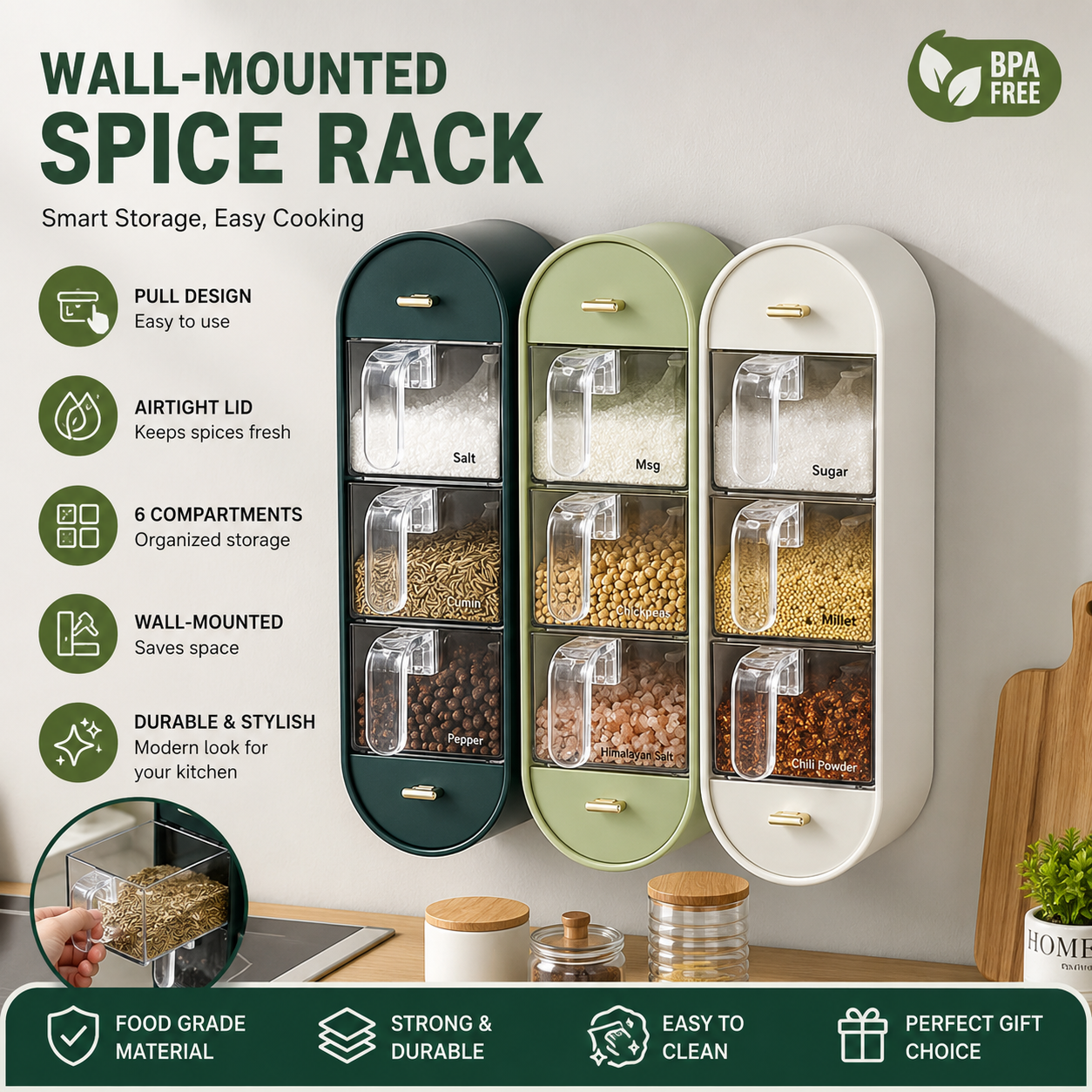Wall Mounted Spice Rack Organizer with Pull-Out Seasoning Dispenser | 3 Compartment Kitchen Spice Storage Box | Space Saving Airtight Spice Container