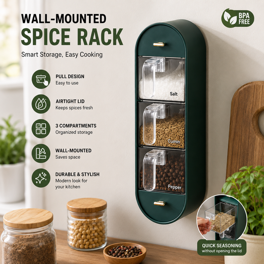 Wall Mounted Spice Rack Organizer with Pull-Out Seasoning Dispenser | 3 Compartment Kitchen Spice Storage Box | Space Saving Airtight Spice Container