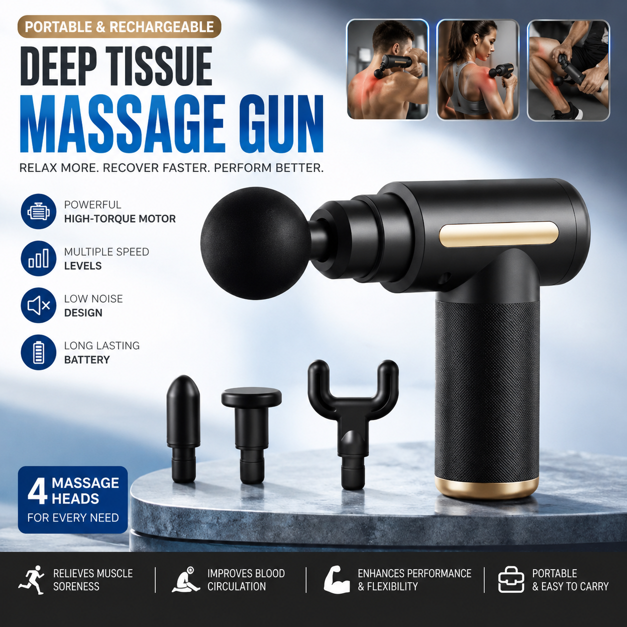 Portable Rechargeable Deep Tissue Massage Gun with 4 Interchangeable Massage Heads | Muscle Recovery & Pain Relief Massager