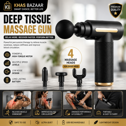 Portable Rechargeable Deep Tissue Massage Gun with 4 Interchangeable Massage Heads | Muscle Recovery & Pain Relief Massager