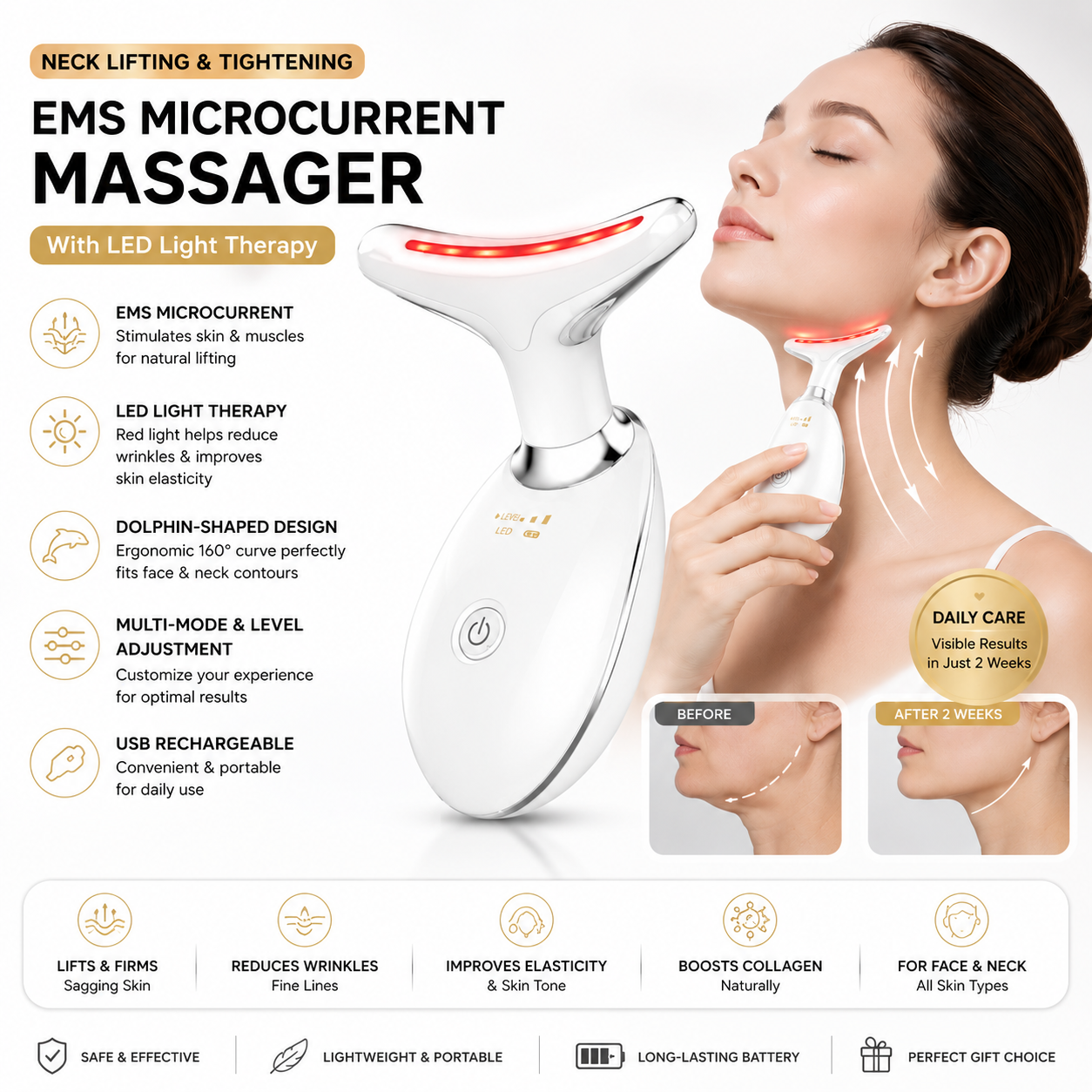EMS Neck Lifting & Tightening Massager – LED Light Therapy Microcurrent Face & Neck Massager USB Rechargeable