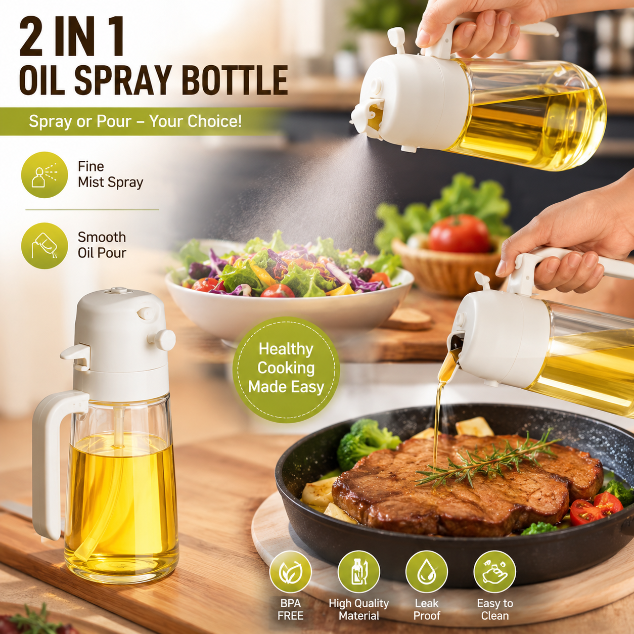 2 in 1 Oil Spray Bottle for Cooking – Glass Olive Oil Dispenser & Fine Mist Sprayer, Leakproof Kitchen Oil Bottle for BBQ, Air Fryer, Salad & Frying