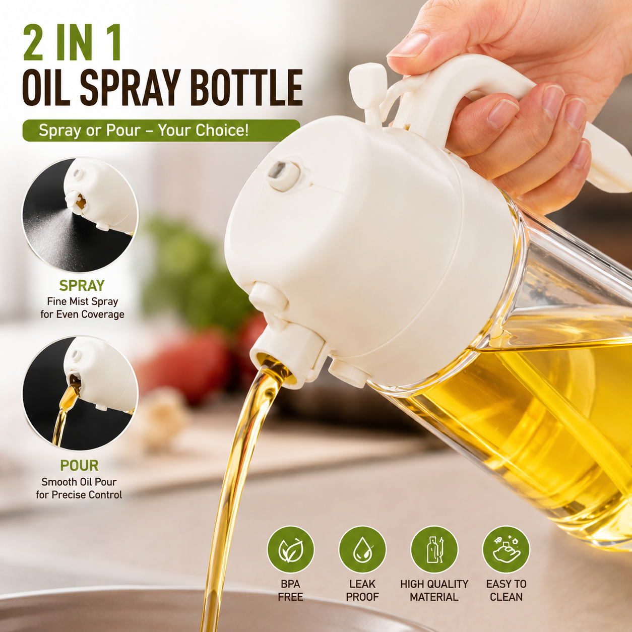 2 in 1 Oil Spray Bottle for Cooking – Glass Olive Oil Dispenser & Fine Mist Sprayer, Leakproof Kitchen Oil Bottle for BBQ, Air Fryer, Salad & Frying