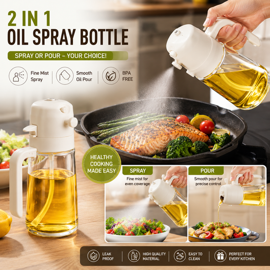 2 in 1 Oil Spray Bottle for Cooking – Glass Olive Oil Dispenser & Fine Mist Sprayer, Leakproof Kitchen Oil Bottle for BBQ, Air Fryer, Salad & Frying